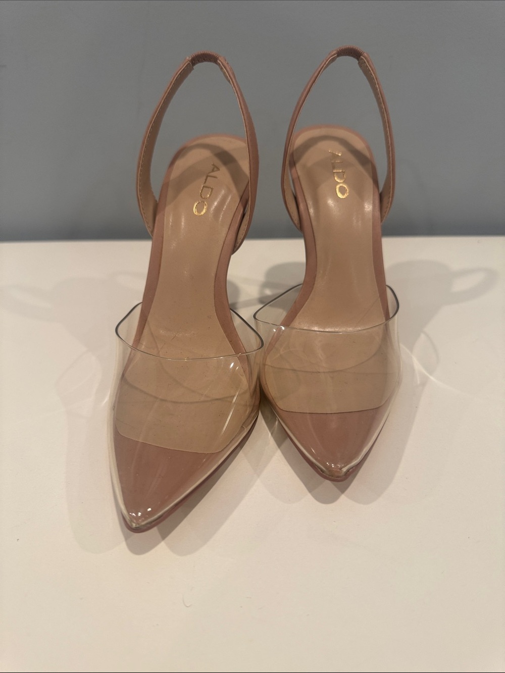 Aldo Nude Pointed-Toe Clear Slingback Heels